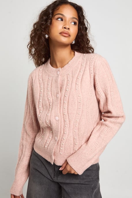 Pearl Cable Detail Fitted Knit Cardigan - Image 4