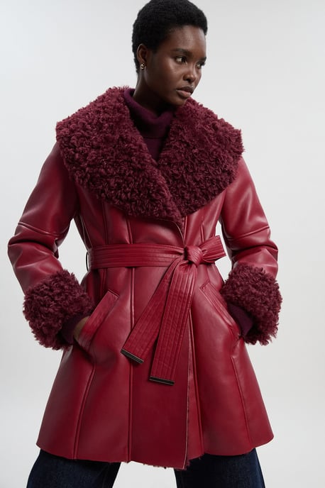 Faux Long Fur Belted Cuff And Collar Coat - Image 1