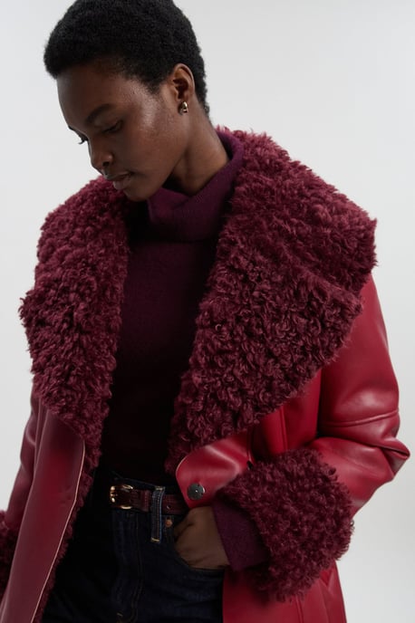 Faux Long Fur Belted Cuff And Collar Coat - Image 2