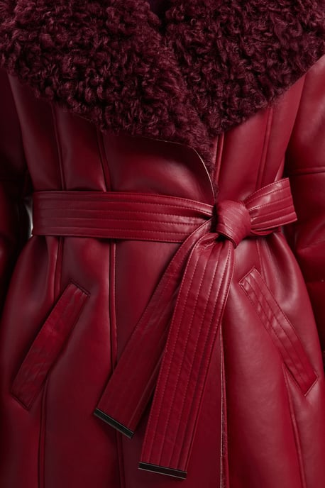 Faux Long Fur Belted Cuff And Collar Coat - Image 3