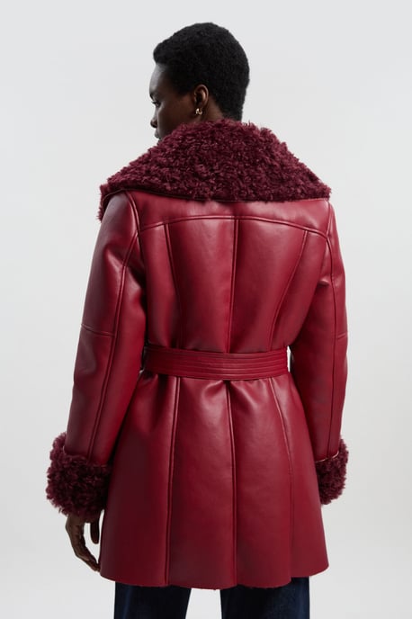 Faux Long Fur Belted Cuff And Collar Coat - Image 4