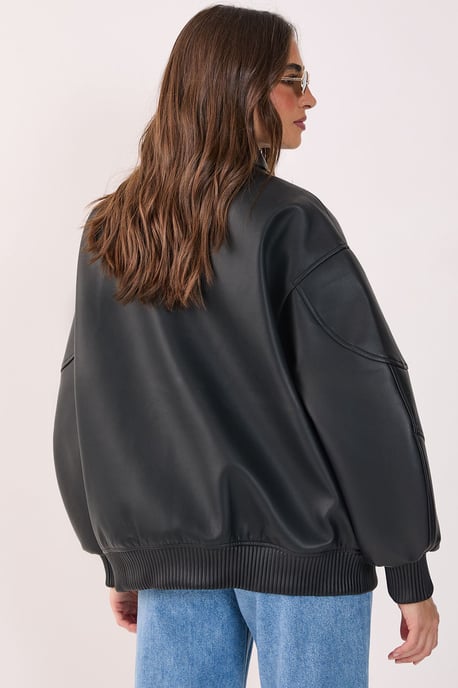 Oversized Longline Faux Leather Bomber Jacket - Image 3