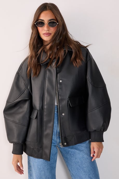 Oversized Longline Faux Leather Bomber Jacket - Image 4