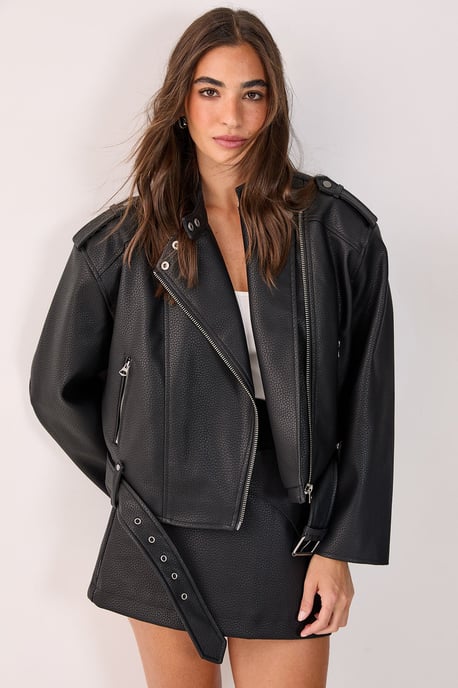 Textured Belted Cropped Faux Leather Biker Jacket - Image 1