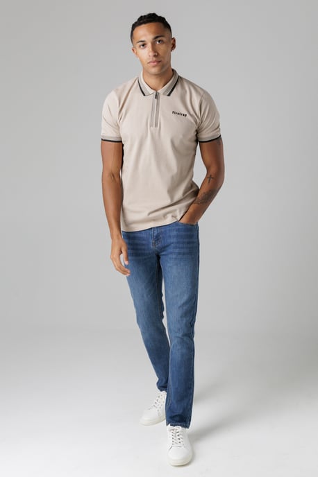 Taupe Regular Fit Cotton Zip Polo Shirt With Gradient Stripes - Image 6