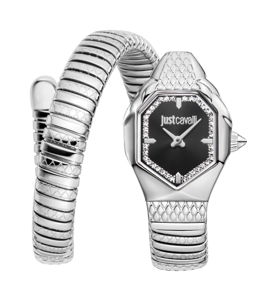 Just Cavalli Snake Watch, Silver Color Case, Black Dial, Stainless Steel Bracelet - Image 1