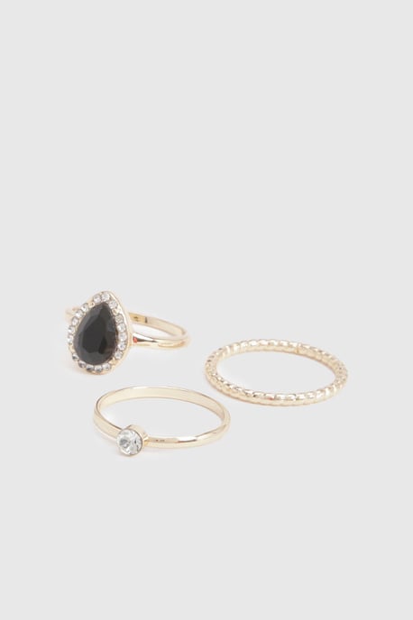 Black Embellished Stone Rings 3 Pack - Image 1