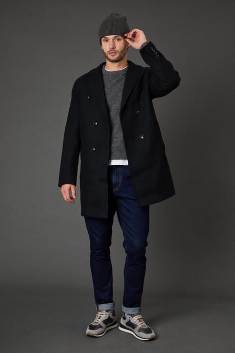Black Double Breasted Wool Blend Coat - Image 2