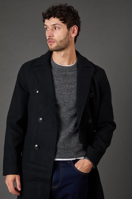 Black Double Breasted Wool Blend Coat - Image 3