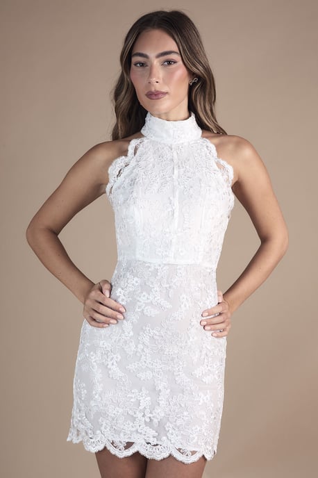 High Neck Embroidered Mesh Mini Wedding Dress - Image 1