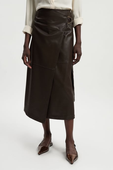 Faux Leather Tie Detail Wrap Midi Skirt - Image 3