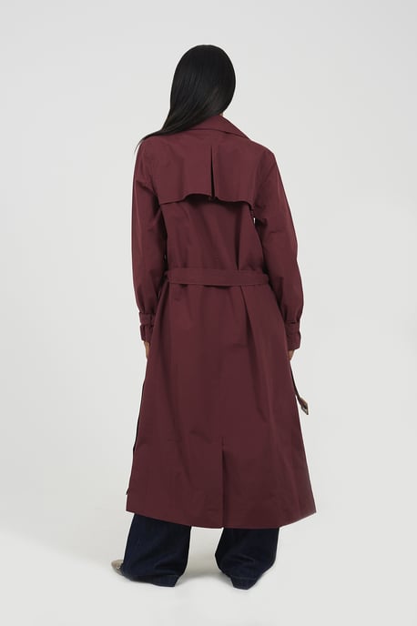 Burgundy Double-Breasted Longline Trench Coat - Image 2