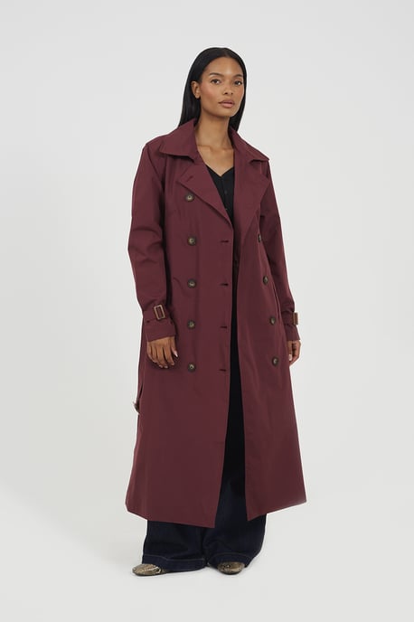 Burgundy Double-Breasted Longline Trench Coat - Image 3