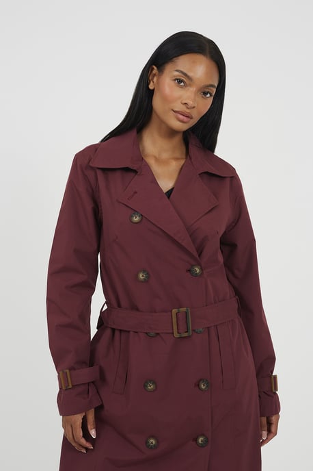 Burgundy Double-Breasted Longline Trench Coat - Image 4