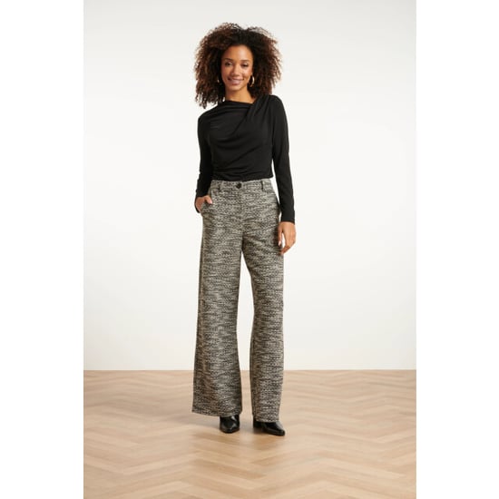 Smashed Lemon Losvallende zwart wit broek met wijde pijpen en tweedlook stof | - Image 2