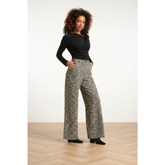 Smashed Lemon Losvallende zwart wit broek met wijde pijpen en tweedlook stof | - Image 6