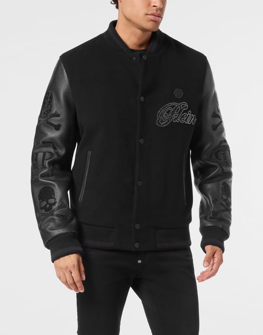 Wool & Leather Varsity Bomber Jacket Patches Stones - Image 2