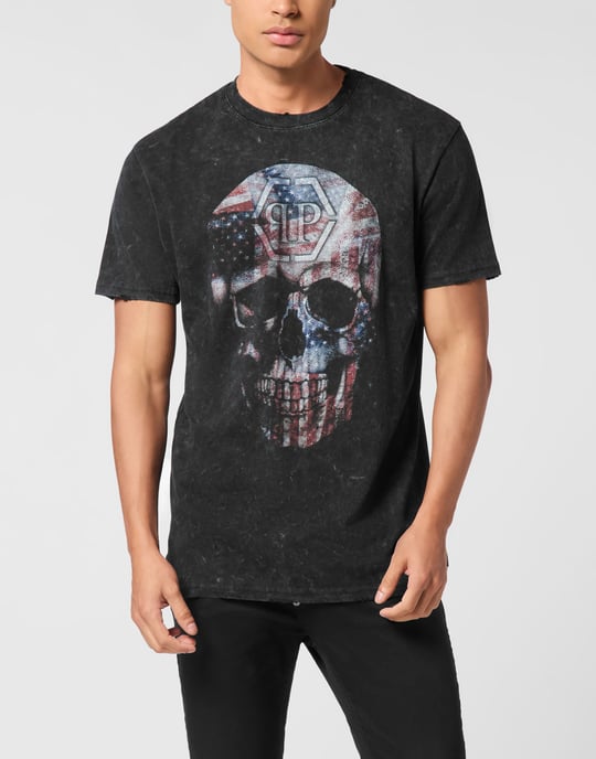 Tvättad rundhalsad t-shirt med dödskalle och amerikanskt tryck - Image 2