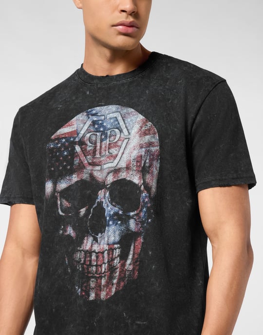 Tvättad rundhalsad t-shirt med dödskalle och amerikanskt tryck - Image 3