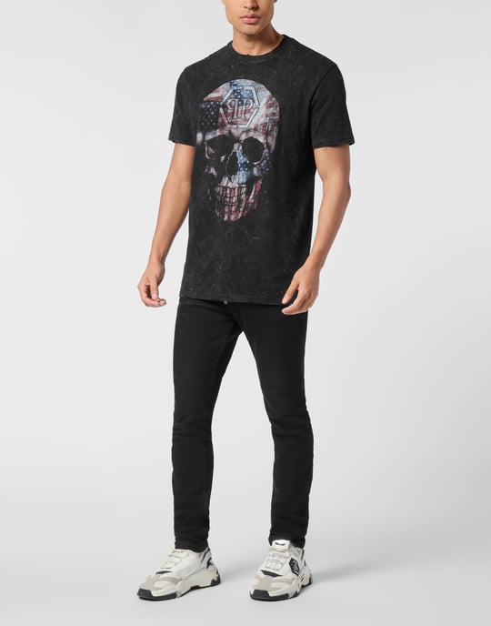 Tvättad rundhalsad t-shirt med dödskalle och amerikanskt tryck - Image 4