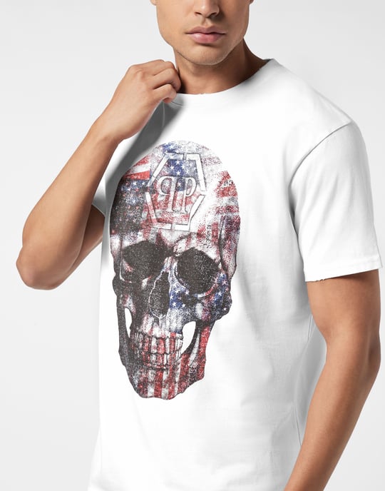 Tvättad rundhalsad t-shirt med dödskalle och amerikanskt tryck - Image 2