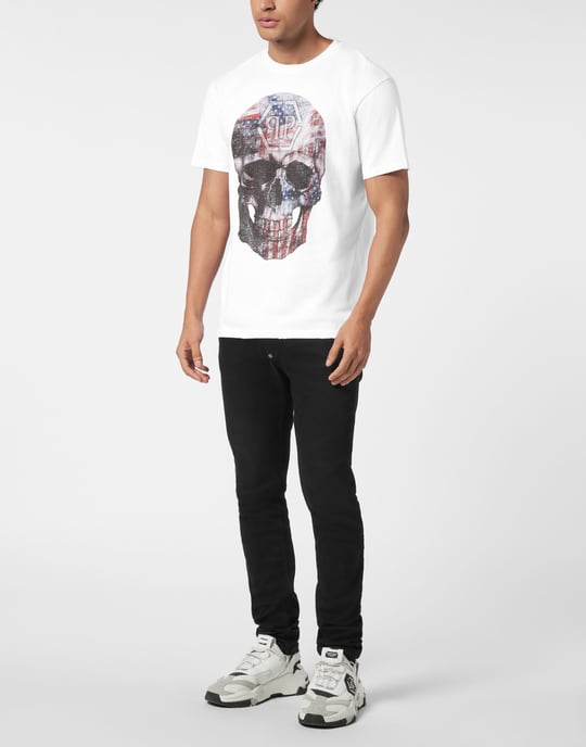 Tvättad rundhalsad t-shirt med dödskalle och amerikanskt tryck - Image 3