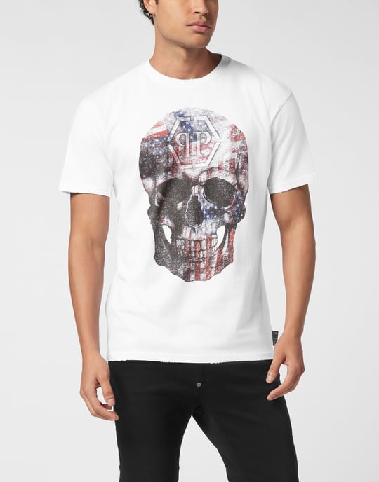 Tvättad rundhalsad t-shirt med dödskalle och amerikanskt tryck - Image 5