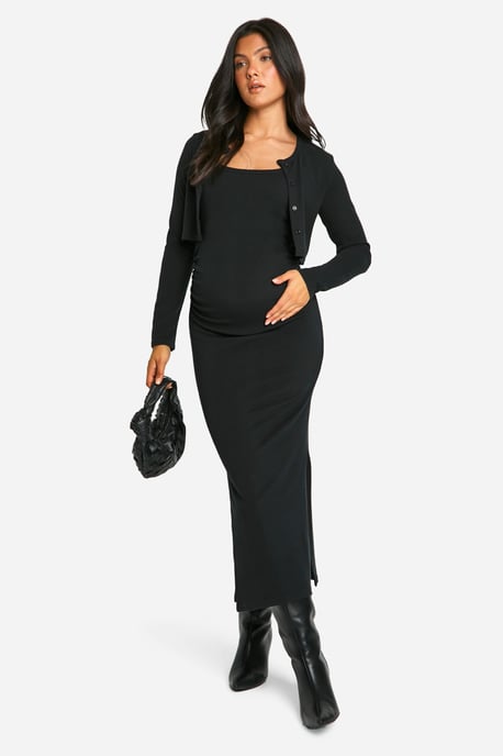 Maternity Textured Rib Strappy Side Split Midaxi Dress & Crop Cardigan - Image 1