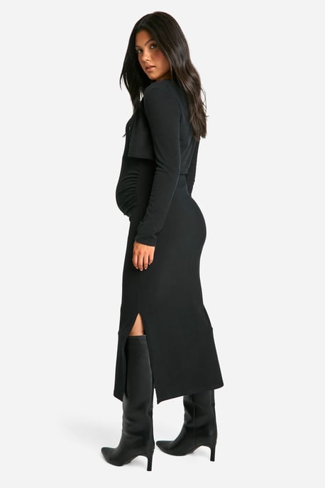 Maternity Textured Rib Strappy Side Split Midaxi Dress & Crop Cardigan - Image 2