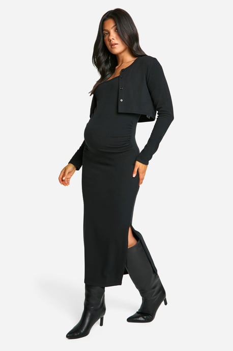 Maternity Textured Rib Strappy Side Split Midaxi Dress & Crop Cardigan - Image 3