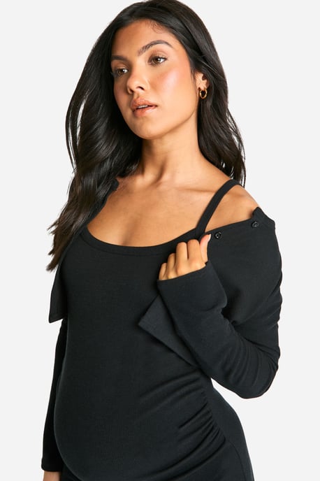 Maternity Textured Rib Strappy Side Split Midaxi Dress & Crop Cardigan - Image 4