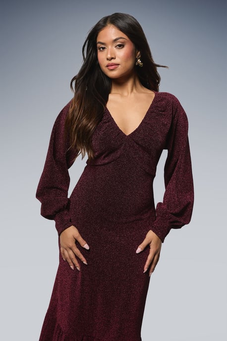 Petite DP Luxe Gathered Neck Split Front Sparkle Jersey Midaxi Dress - Image 2