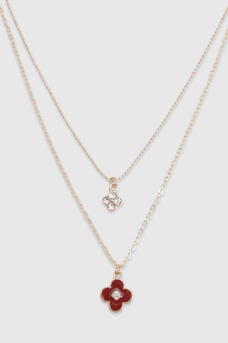 Burgundy Clover Pendant Layered Necklace - Image 2