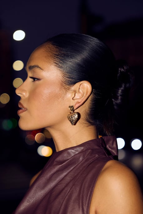 Gold Hammered Heart Drop Earrings - Image 1