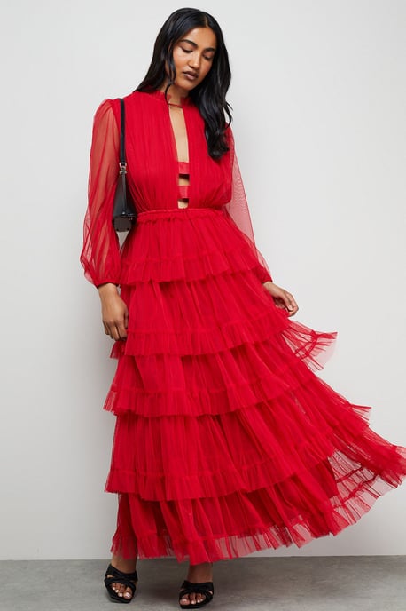 Ruffle Neck Tulle Maxi Dress - Image 1