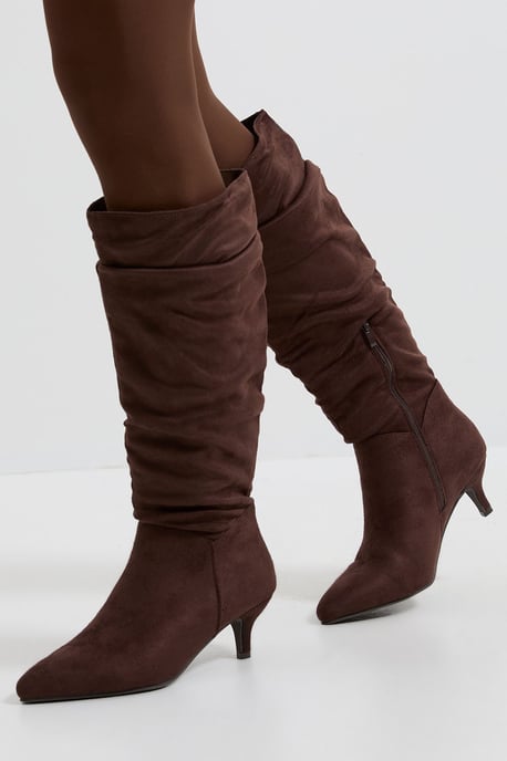 Wide Fit Khloe Faux Suede Kitten Heel Knee High Ruched Boots - Image 1