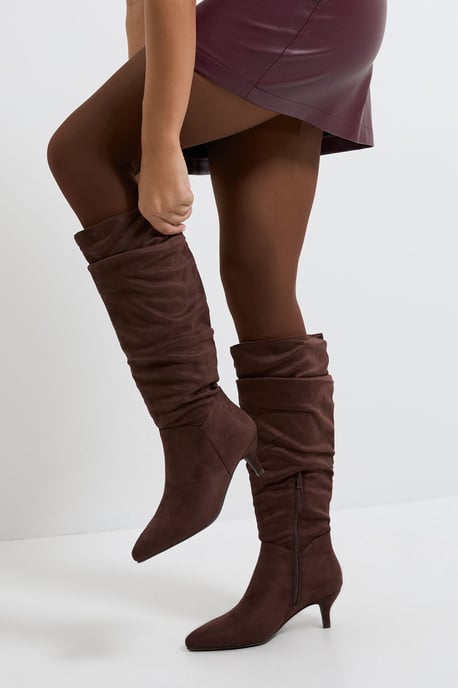 Wide Fit Khloe Faux Suede Kitten Heel Knee High Ruched Boots - Image 2