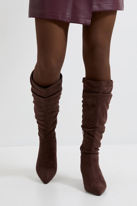 Wide Fit Khloe Faux Suede Kitten Heel Knee High Ruched Boots - Image 3