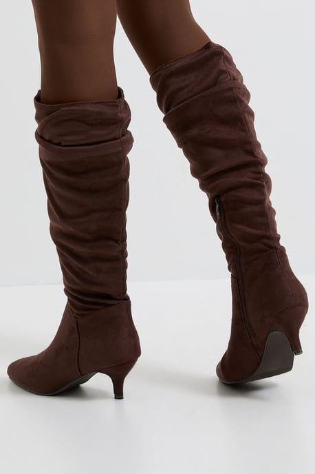 Wide Fit Khloe Faux Suede Kitten Heel Knee High Ruched Boots - Image 4