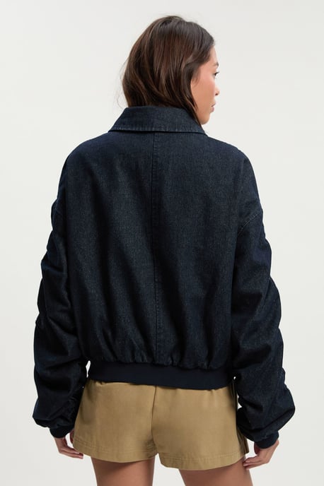 Ruched Sleeve Denim Bomber Jacket - Image 4