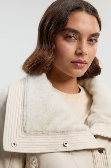 Padded Faux Leather & Faux Fur Mix Midi Coat - Image 3