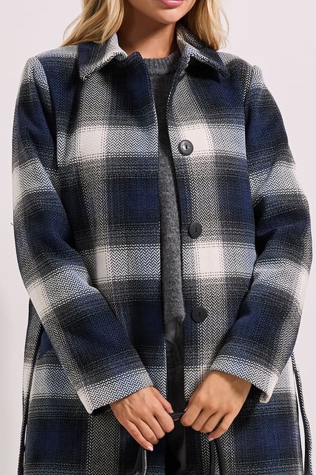 Check Detail Fur Cuff Detail Belted Coat - Image 4