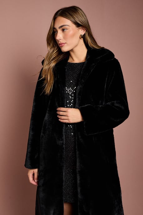 Black Faux Fur Longline Collared Coat - Image 2