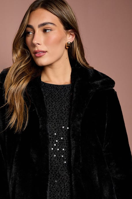 Black Faux Fur Longline Collared Coat - Image 3