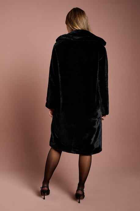 Black Faux Fur Longline Collared Coat - Image 4