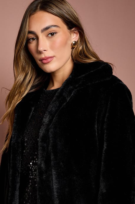 Black Faux Fur Longline Collared Coat - Image 5