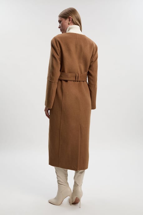 Brushed Wool Single Breasted Belted Tailored Maxi Coat - Image 5