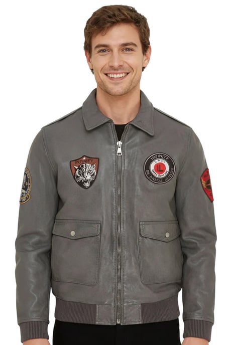Mens Grey Flying Leather Bomber G-1 Aviator Collar Jacket - Hudson - Image 1