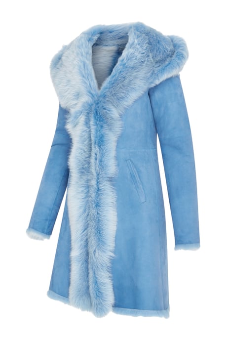 Dames blauwe Toscaanse schapenvacht suède leren trenchcoat met capuchon - Aura - Image 2