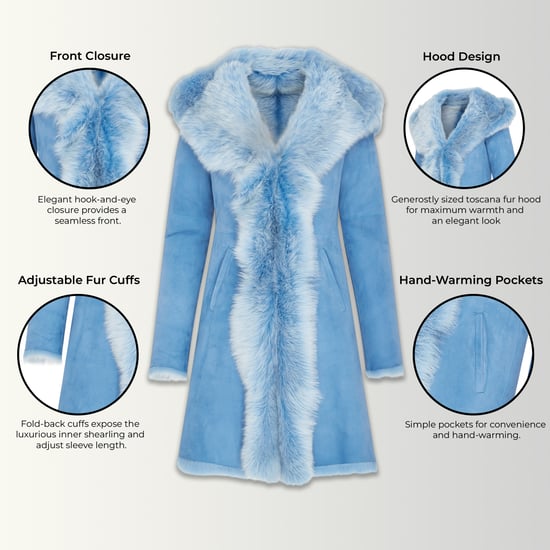 Dames blauwe Toscaanse schapenvacht suède leren trenchcoat met capuchon - Aura - Image 3